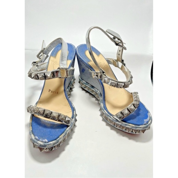 Christian Louboutin Silver Studded Wedge Sandals - Picture 4 of 11